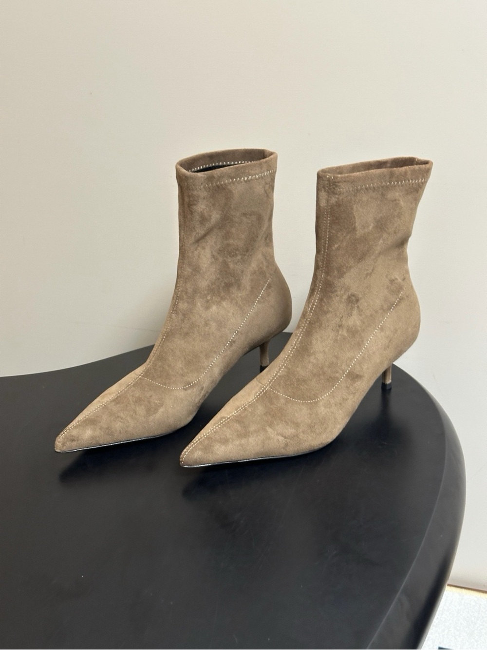Alaia Taupe Stretch Suede Pointed Kitten-Heel Ankle Boots